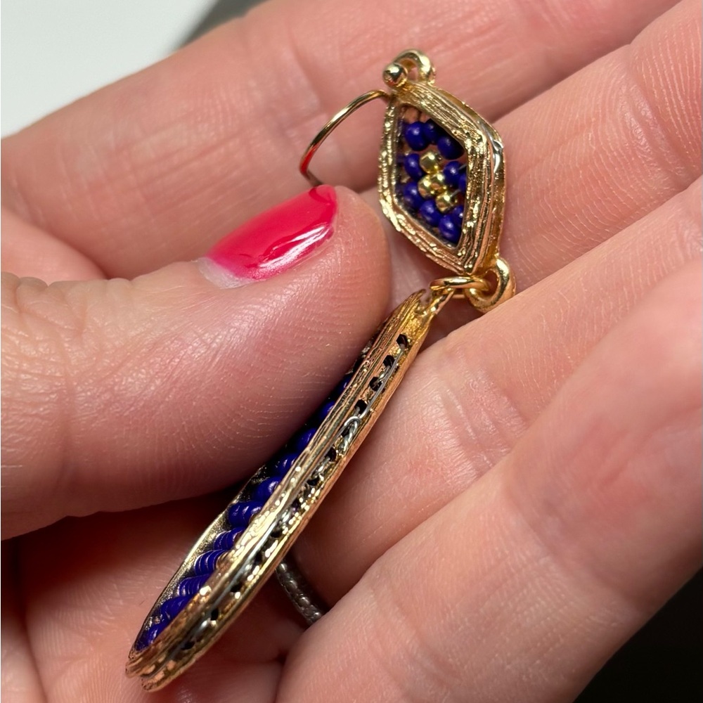 Gold & Blue Hand Beaded Teardrop Earrings - Picture 4 of 5